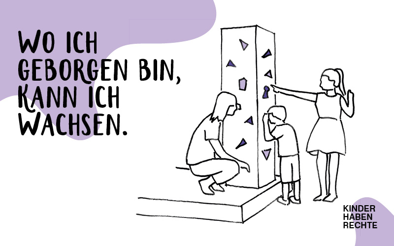 Kinder an einem gesch&uuml;tzten R&uuml;ckzugsort. Text im Bild: &bdquo;Wo ich geborgen bin, kann ich wachsen.&ldquo;