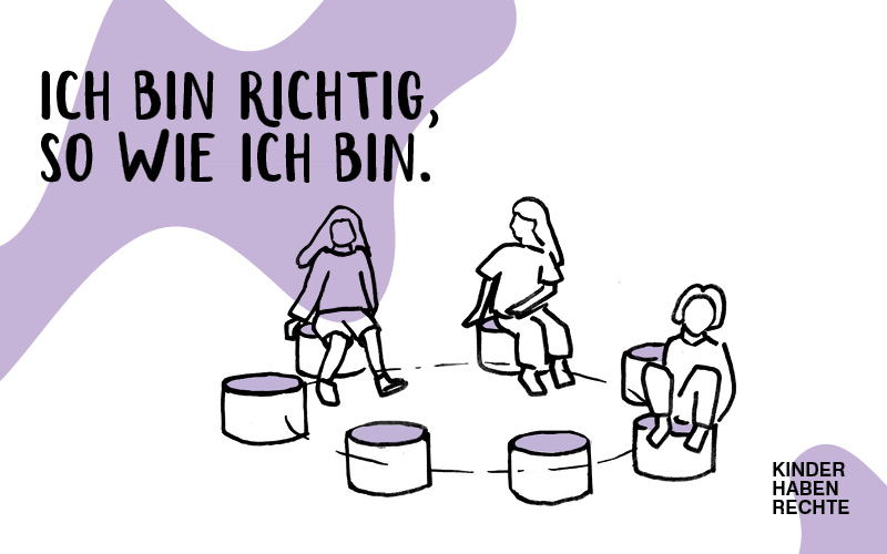 Kinder spielen gemeinsam. Text im Bild: &bdquo;Ich bin richtig, so wie ich bin.&ldquo;
