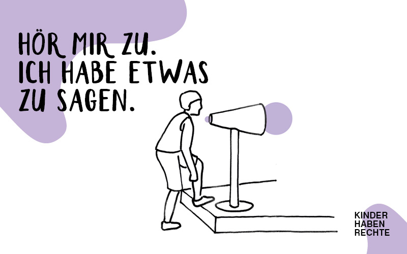Illustration zu Artikel 13: Kind spricht durch ein Sprachrohr &ndash; H&ouml;r mir zu. Ich habe etwas zu sagen.