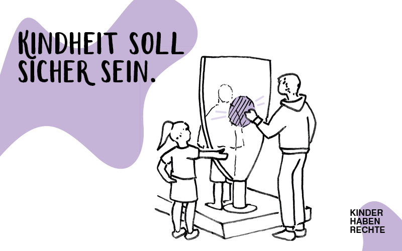 Kinder an einem gesch&uuml;tzten Spielelement. Text im Bild: &bdquo;Kindheit soll sicher sein.&ldquo;